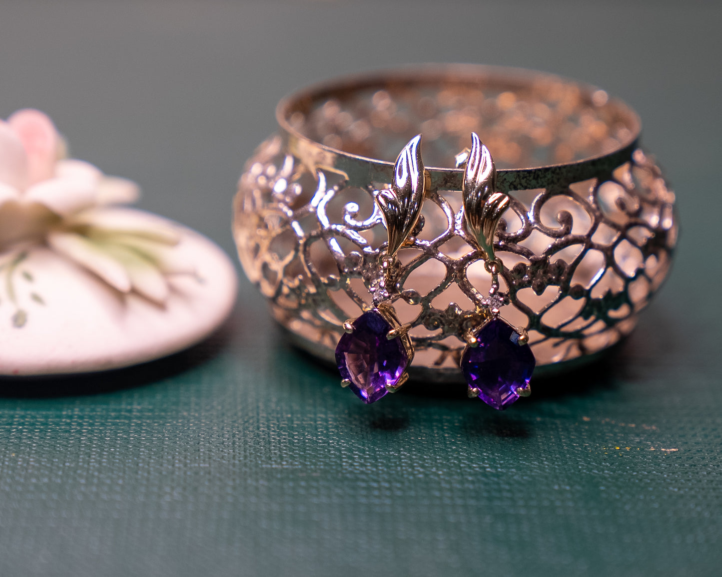 14k Vintage Drop Amethyst-Diamond Cluster Danglings