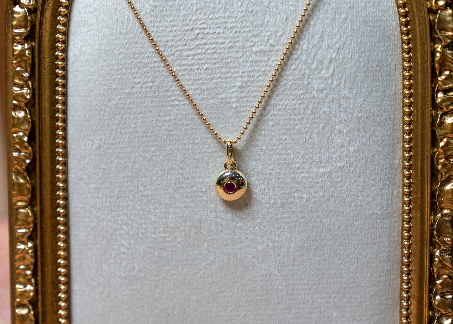 14kt Vintage Bolita Chain with 14kt Ruby Pendant