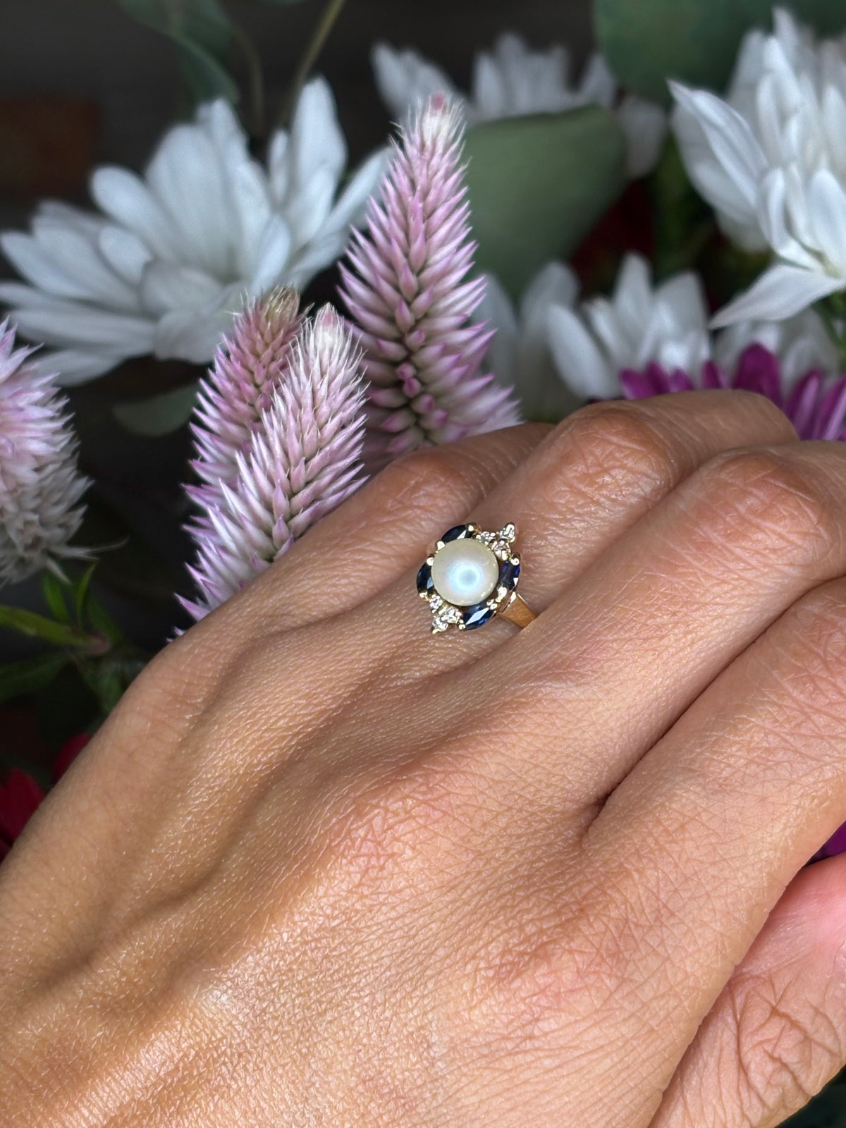 14k Perlita y Safiro Ring