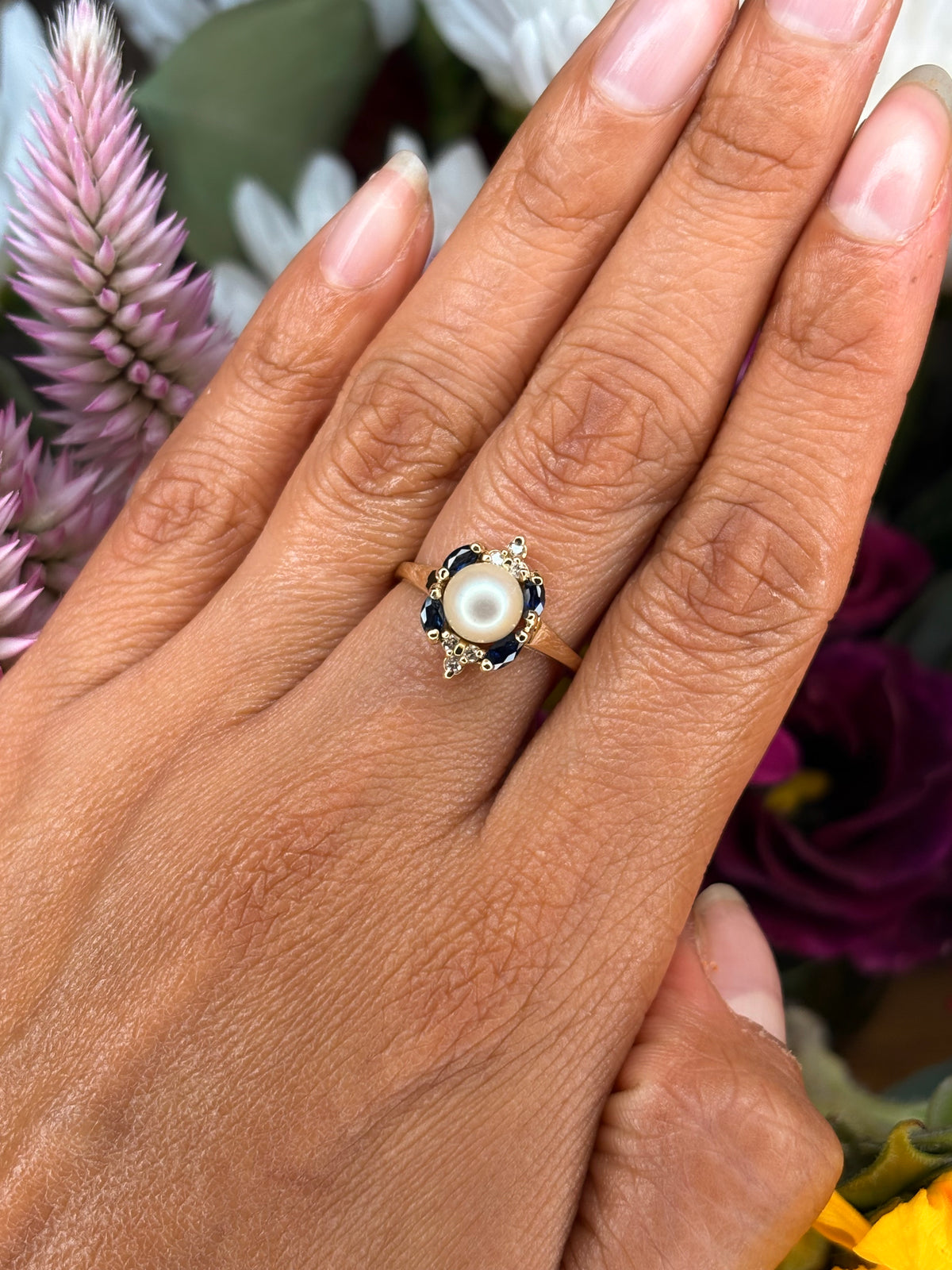 14k Perlita y Safiro Ring