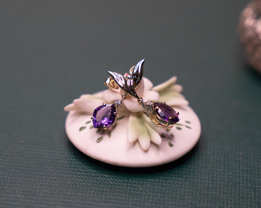 14k Vintage Drop Amethyst-Diamond Cluster Danglings