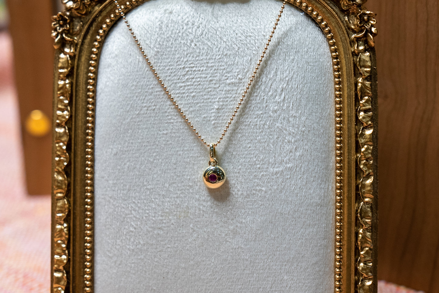 14kt Vintage Bolita Chain with 14kt Ruby Pendant